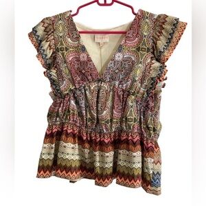Multicolor boho paisley tiered flutter cap sleeve satin blouse